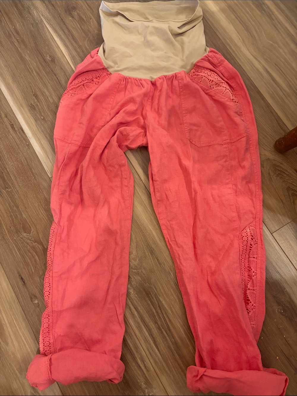 Coral Lace-Trim Lightweight Maternity Pants